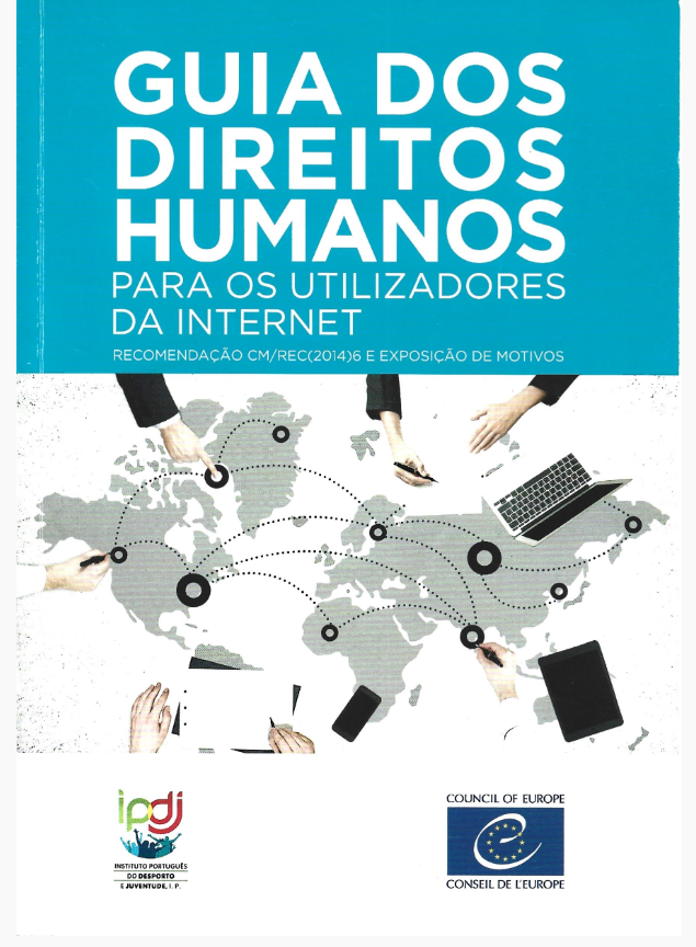 Lettering «Guia dos Direitos Humanos para os Utilizadores da Internet» sob fundo branco e azul e o mapa mundo