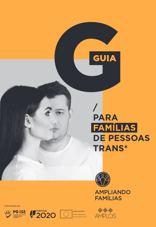 Imagem de um jovem e uma jovem e o lettering «Guia para famílias de pessoas Trans*»