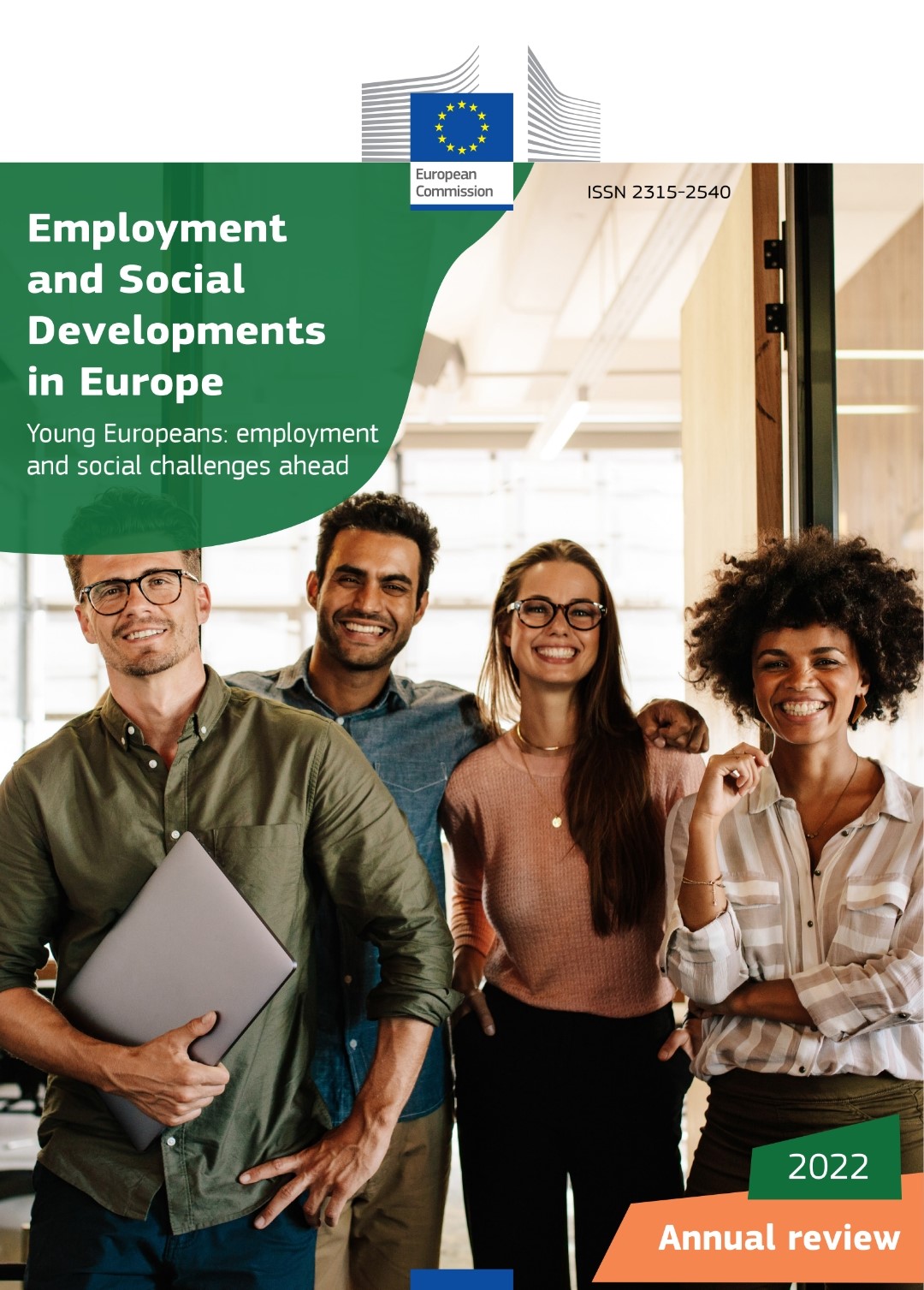 Dois jovens e duas jovens e o lettering «Employment and social developments in Europe [Periódico Digital] : young europeans: employment and social challenges ahead»