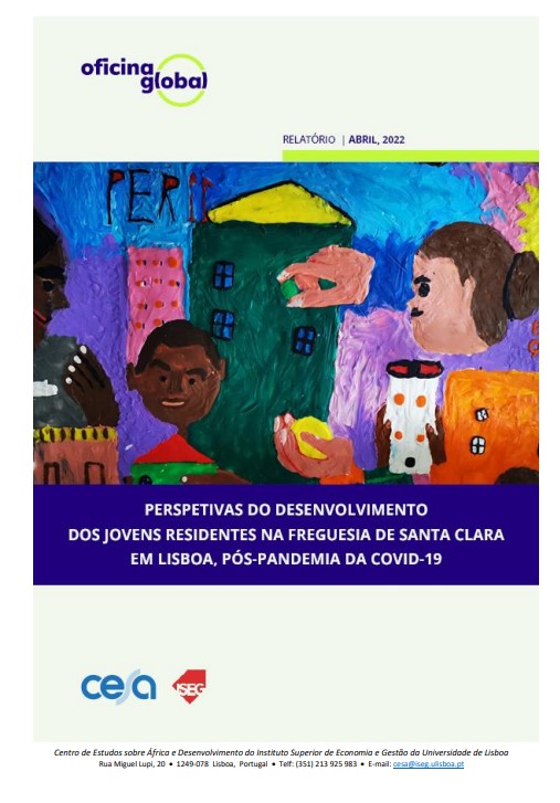 Pintura infantil com pessoas e prédios e o lettering «Perspetivas do desenvolvimento dos jovens residentes na freguesia de Santa Clara em Lisboa, pós-pandemia da Covid-19»