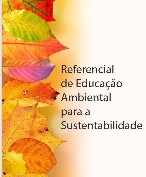 folhas de árvores e lettering «Referencial de educação ambiental para a sustentabilidade: educação pré-escolar, ensino básico (1.º, 2.º e 3.º ciclos), ensino secundário»