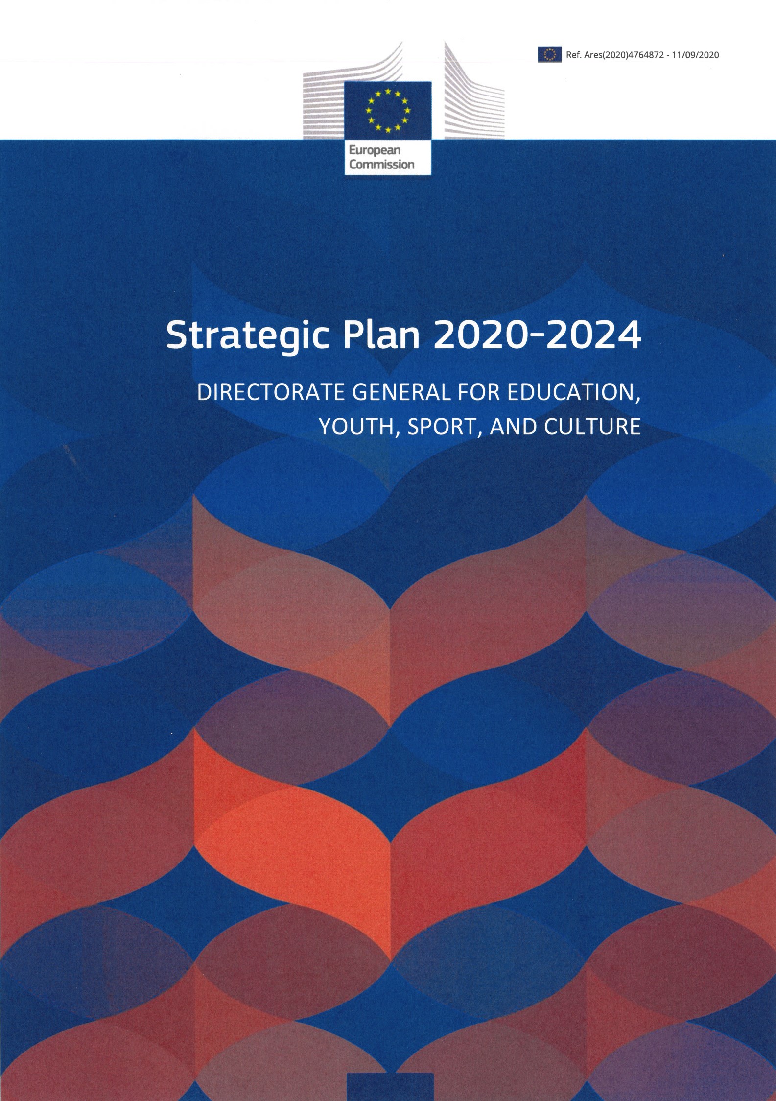 Fundo com cores laranja e azul e lettering «Strategic plan 2020-2024 : directorate general for education, youth, sport, and culture»