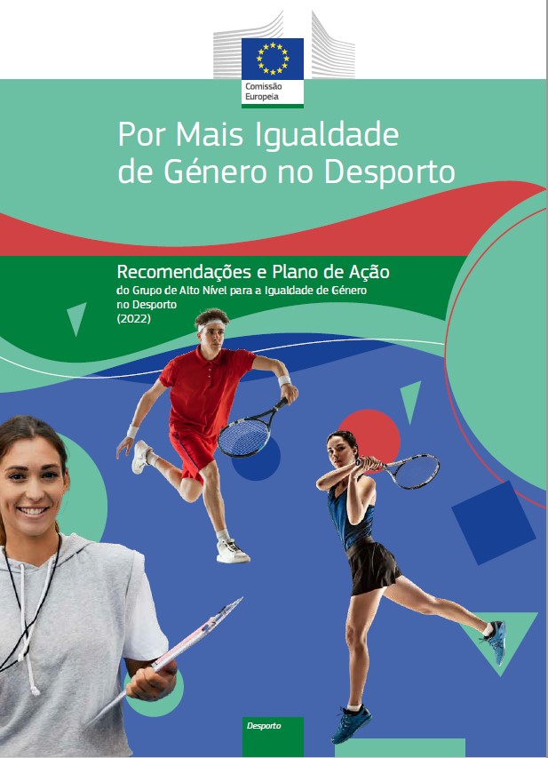 duas pessoas de ambos os sexos a praticar ténis e outra do sexo feminino com livro. lettering do titulo da obra Por mais igualdade de género no desporto 