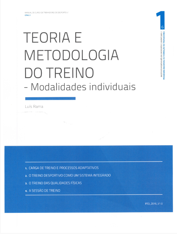 Lettering sobre fundo branco e azul «Teoria e metodologia do treino : modalidades individuais»