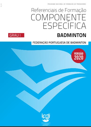 Lettering em fundo azul: Referenciais de formação componente específica: Badminton | Graus I, II e III