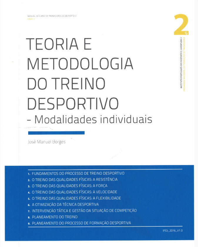 Lettering «Teoria e metodologia do treino desportivo 2 : modalidades individuais» sob fundo azul e branco