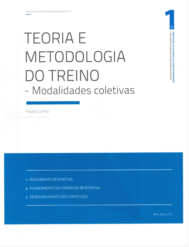 Lettering «Teoria e metodologia do treino : modalidades coletivas» sob fundo azul e branco.