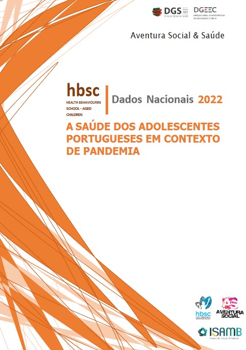 capa  branca com riscos laranjas e com leterring A saúde dos adolescentes portugueses em contexto de pandemia: HBSC dados nacionais 2022 e logotipos das entidades.