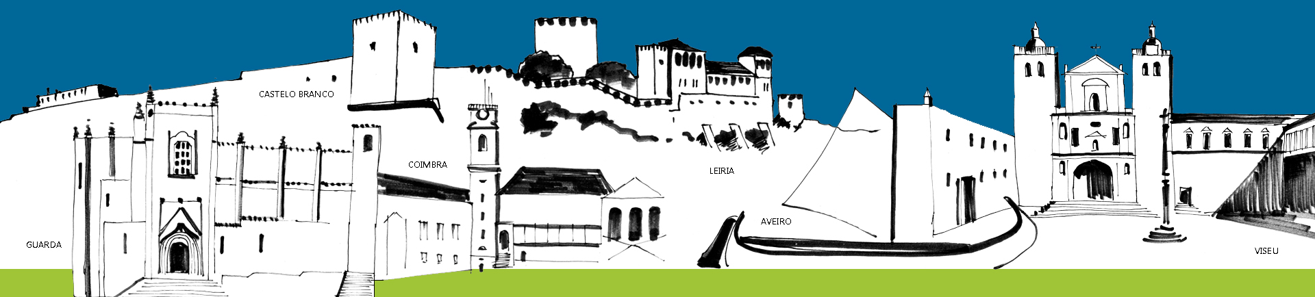 ilustração de construções históricas das cidades da Direção Regional do Centro: Guarda, Castelo Branco, Coimbra, Leiria, Aveiro, Viseu