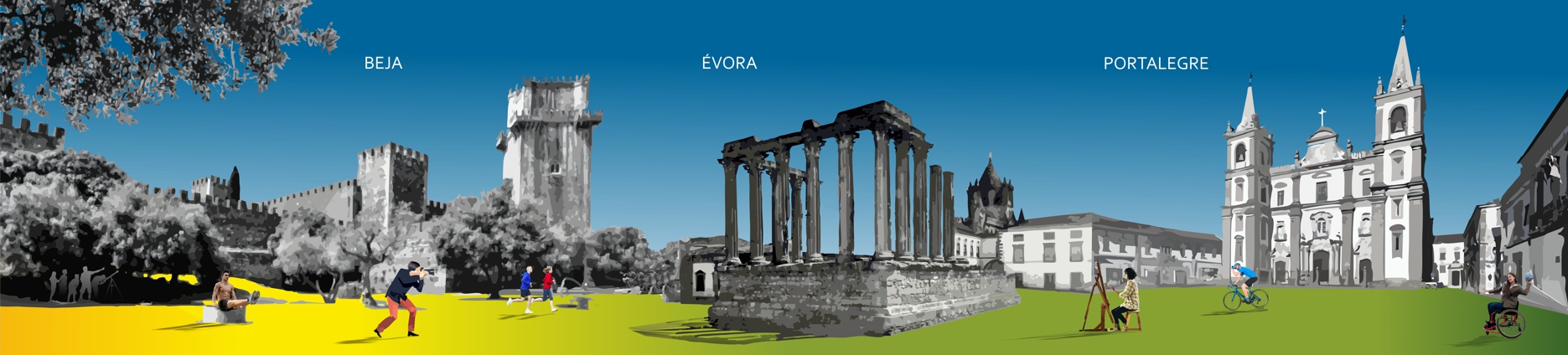 Imgaem gráfica com representação dos pontos históricos de Beja, Portalegre e Évora