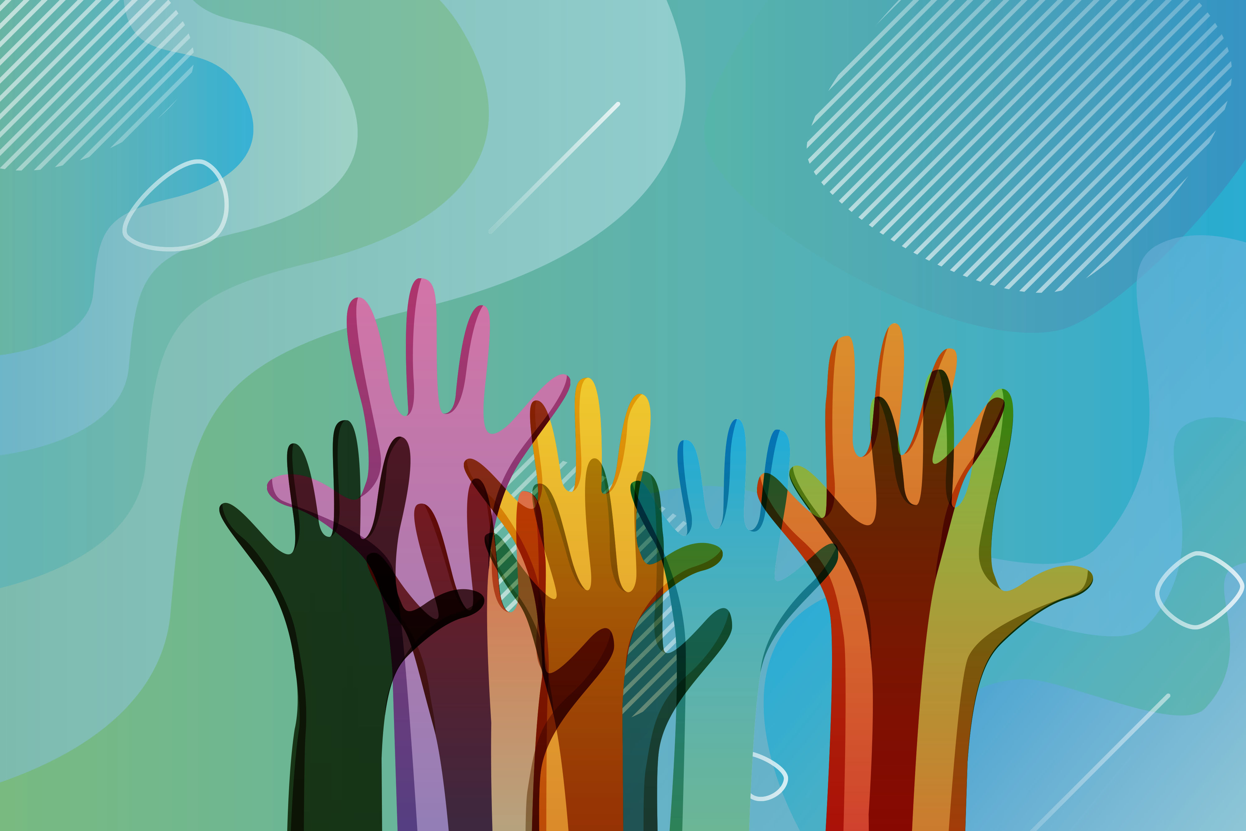 grafismo com mãos coloridas sobre fundo verde alface