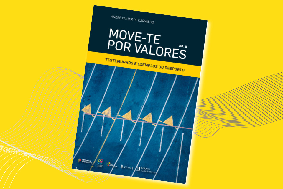 Imagem do livro do livro Move-Te por Valores, volume II em fundo amarelo com a capa de cor azul  do livro Move-Te por Valores, volume II