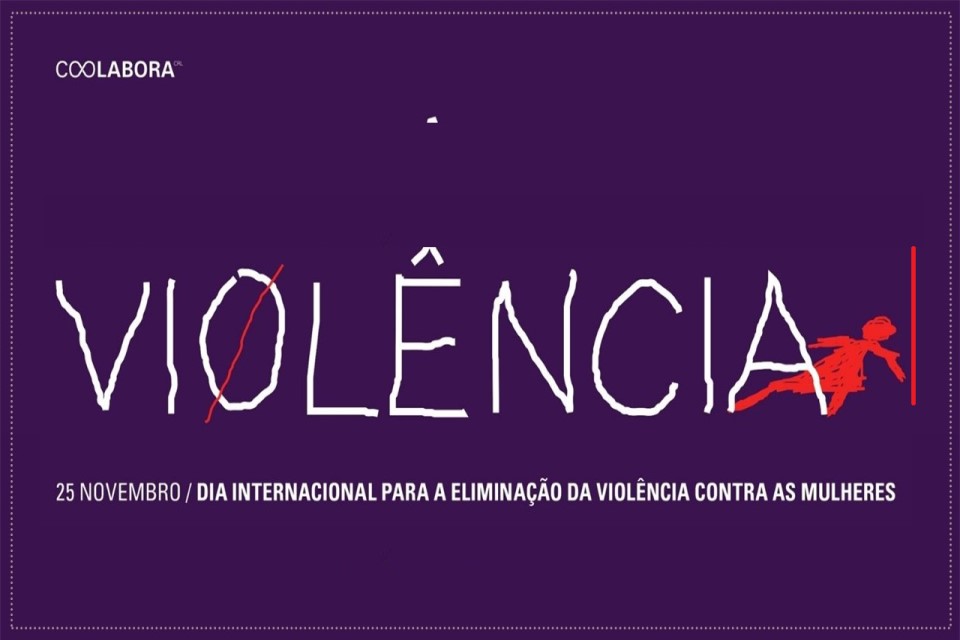 cartaz roxo com palavra violência e figura de mulher feita a sangue