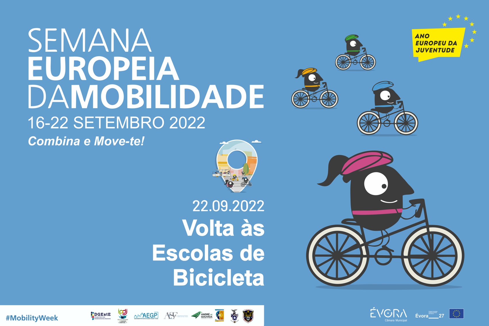 Imagem com bonecos a andar de bicicleta e lettering «Semana Europeia da Mobilidade em Évora»