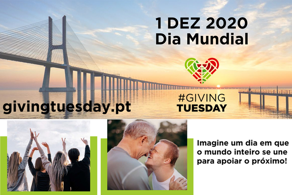 cartaz de divulgação do evento givingtuesday.pt 1 dez 2020 com imagem de fundo dum por de sol da ponte Vasco da Gama 