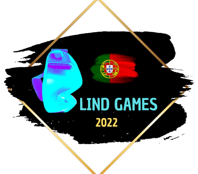 Imagem com fundo branco e preto com o logo do Blind Games em azul 