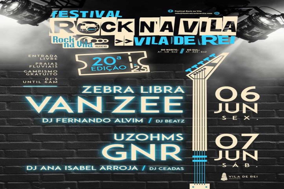 guitarra, holofotes e leterring com informação do festival