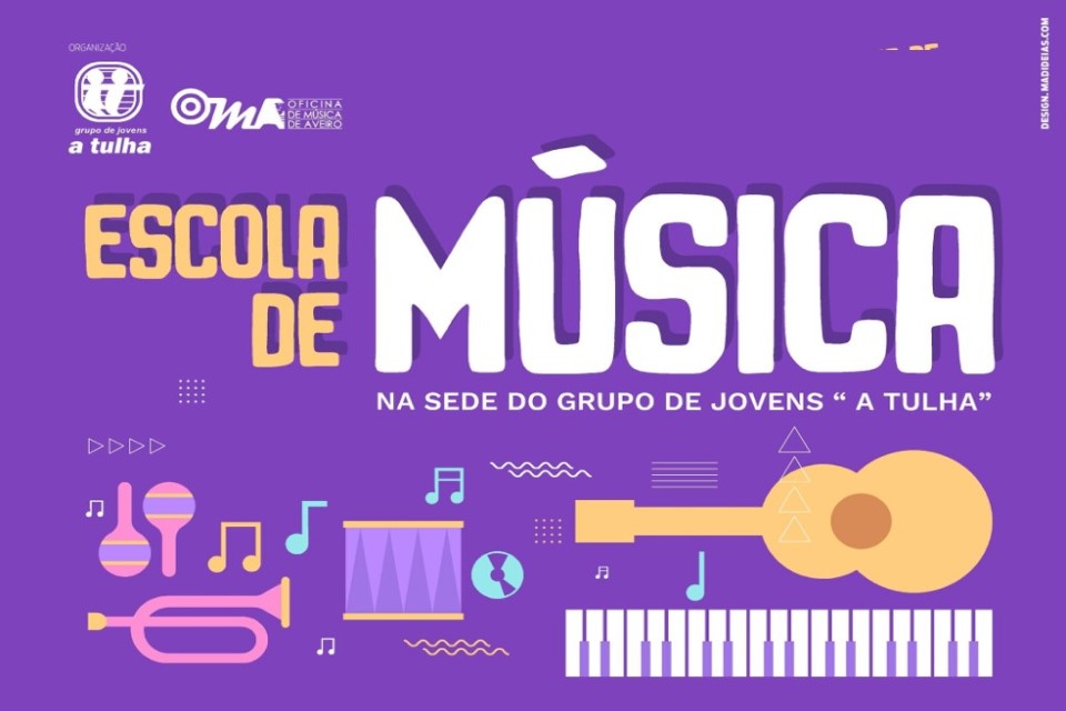 cartaz roxo com vários instrumentos musicais