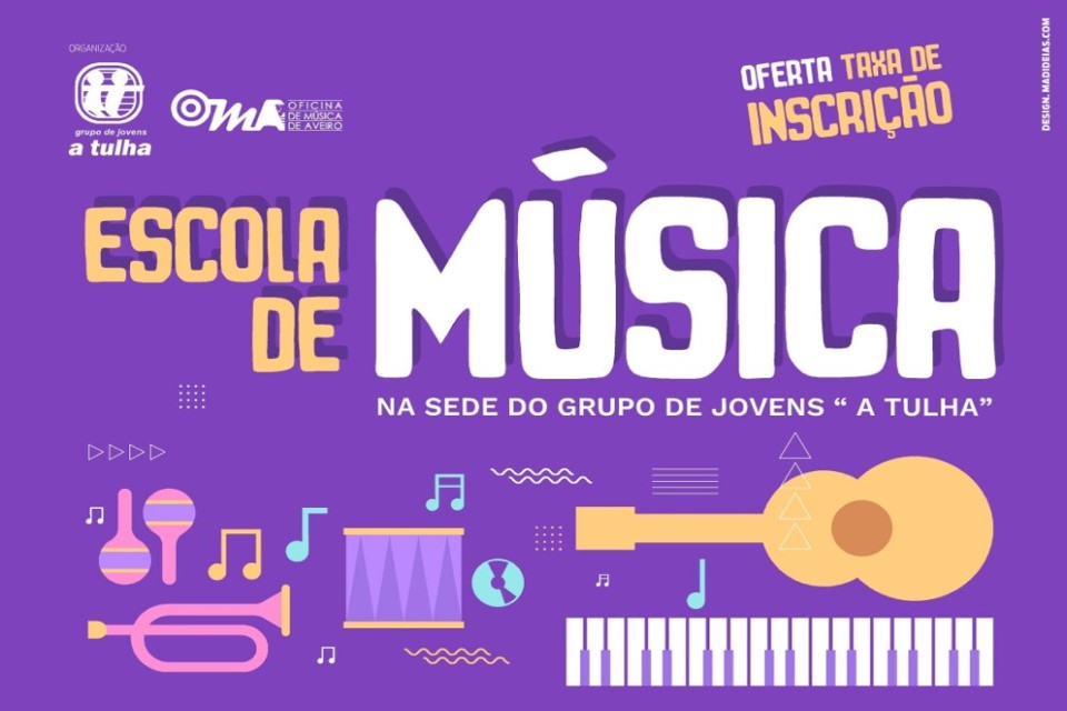 cartaz roxo com vários instrumentos musicais