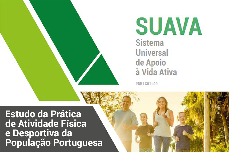 família a correr, mais o lettering SUAVA e Estudo da Prática de Atividade Física e Desportiva da População Portuguesa