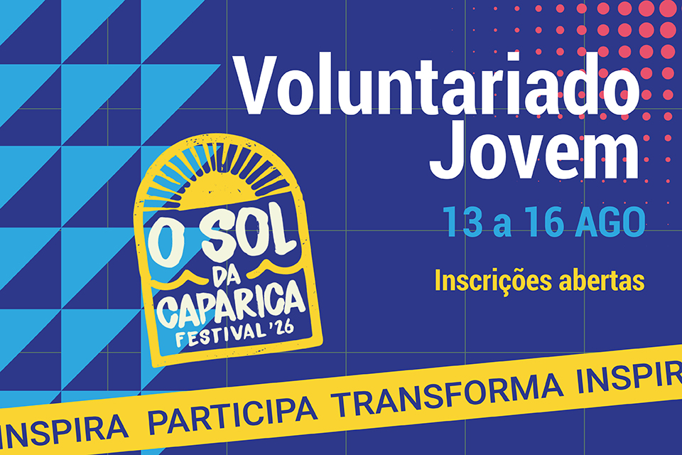 Letras grandes - voluntariado jovem, imagem de um sol e logotipo do festival