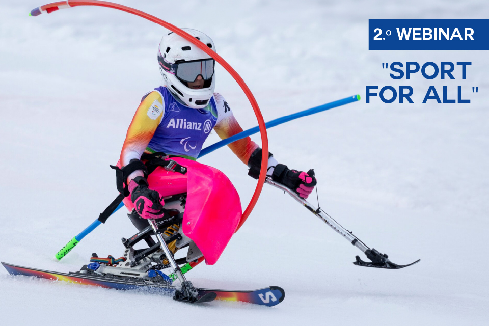 Esquiador praticando ski e lettering «2.º webinar Sport for all»
