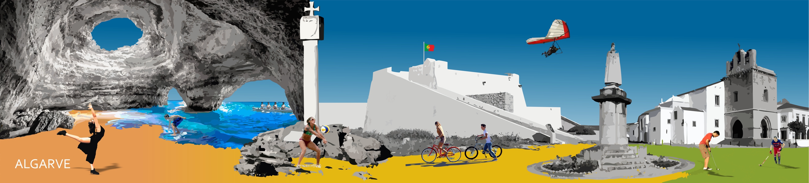 Ilustração de locais característicos da região do Algarve com jovens em atividade nesses diferentes locais: a dançar, a andar de bicicleta, a jogar voleibol, golfe, bodyboard..