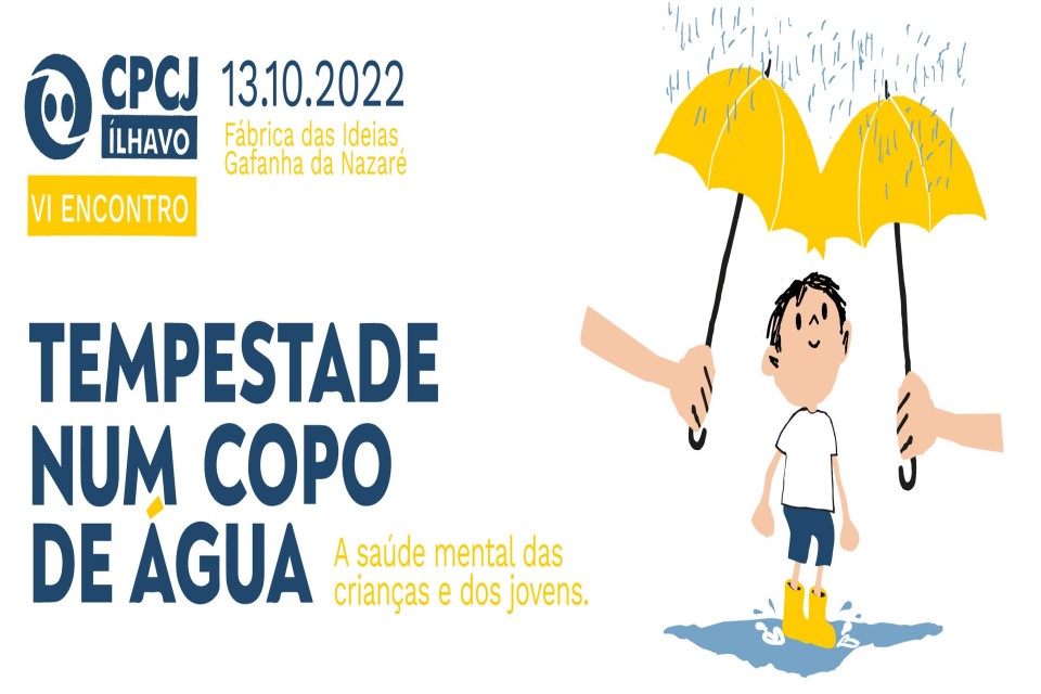 chuva, e criança a ser protegida com dois guarda-chuvas