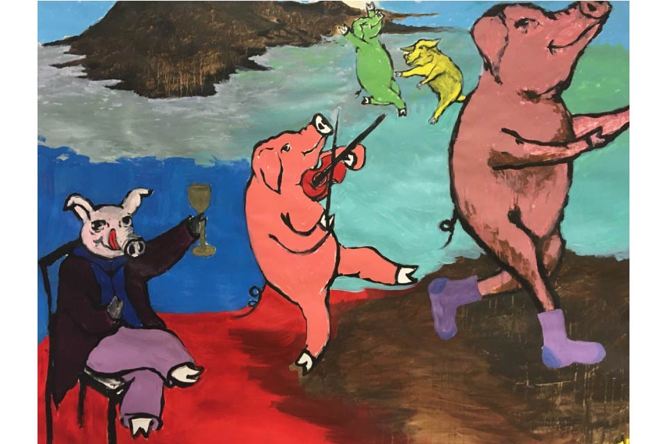 pintura de três porquinhos da tradicional história infantil 