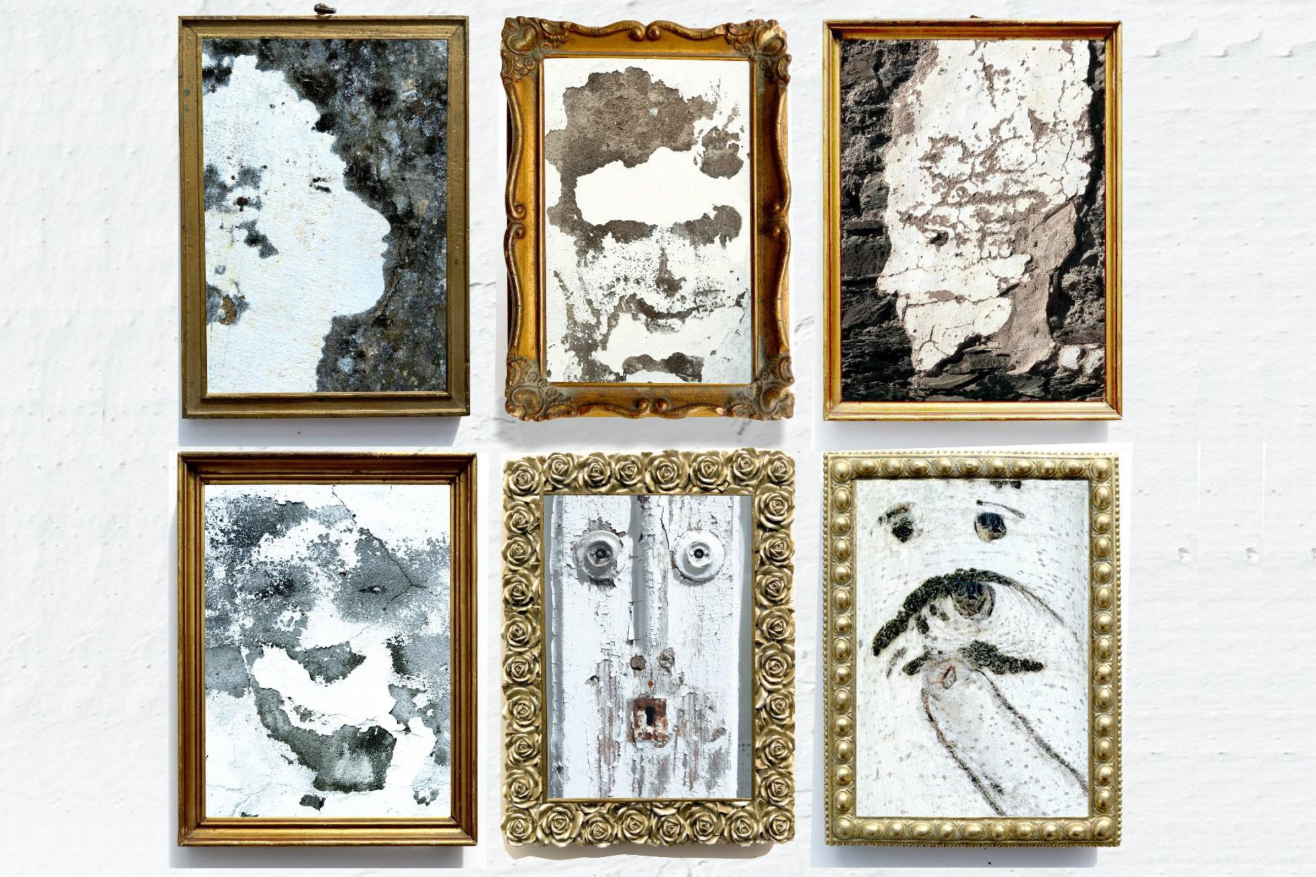 Imagem com fotos de caras a preto e branco penduradas 