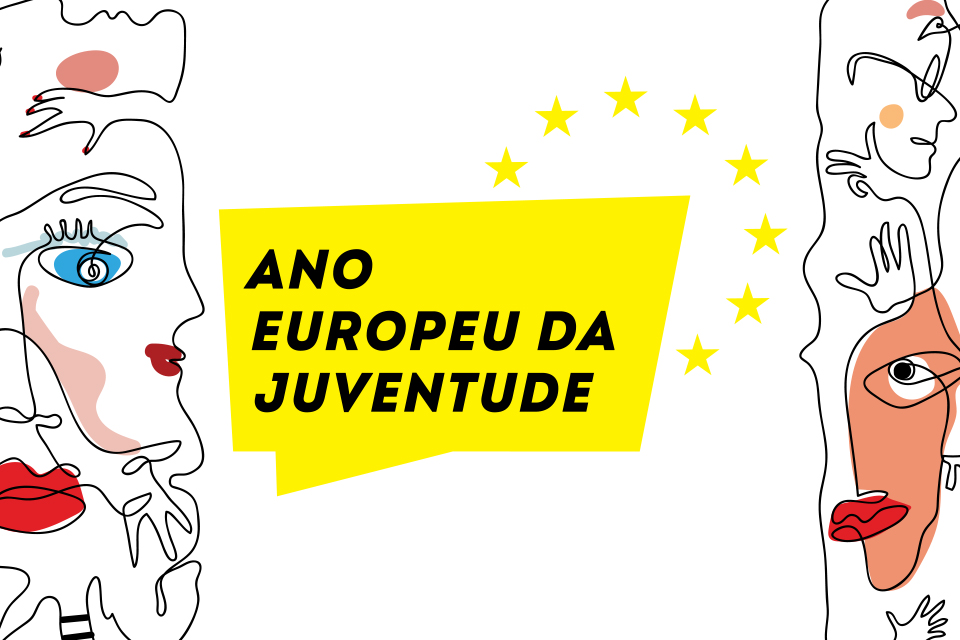 imagem gráfica com vários rostos e o logotipo do AEJ com a inscrição Ano Europeu da Juventude 