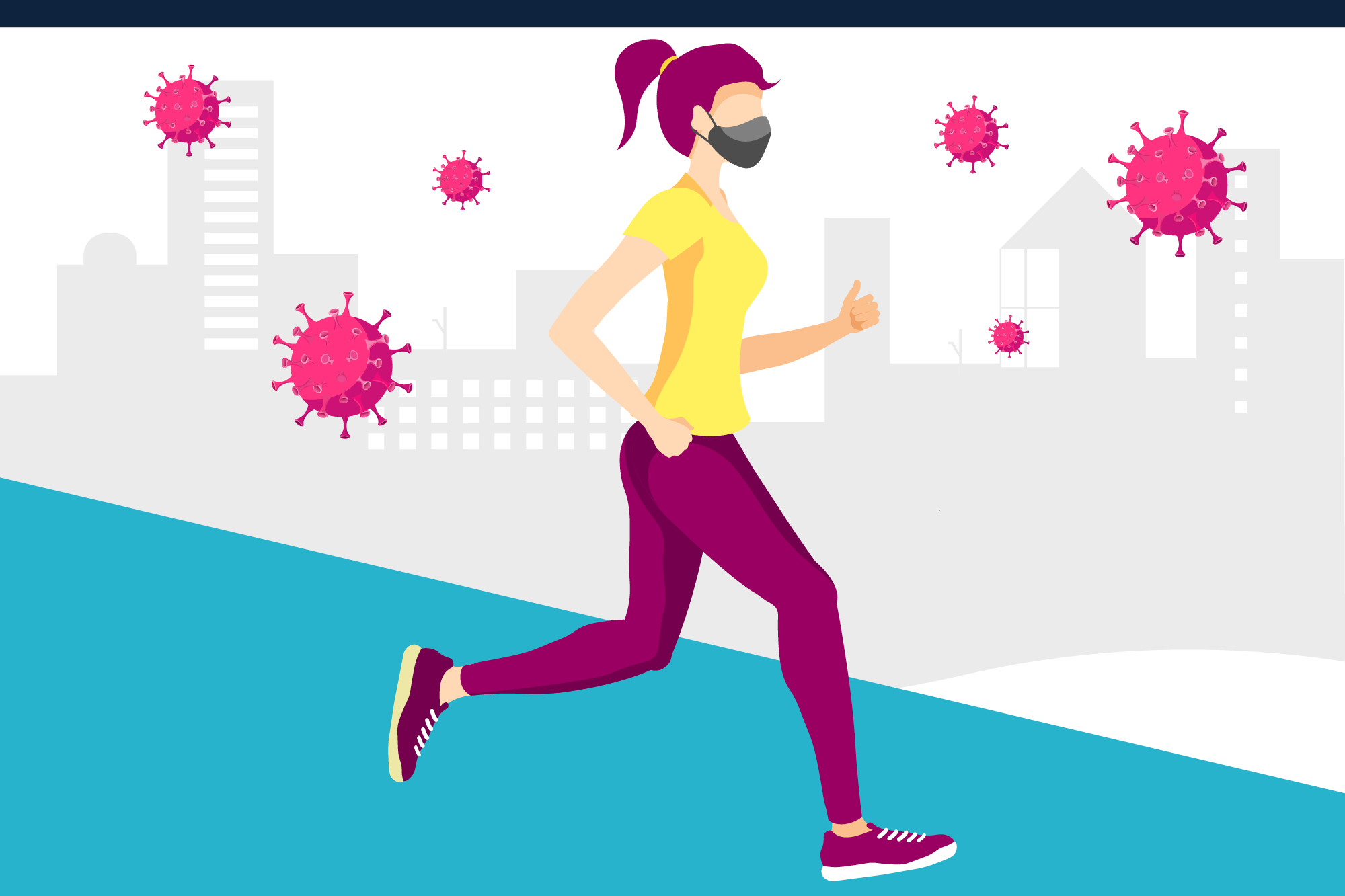 imagem gráfica de uma mulher a correr rodeada de coronavírus 