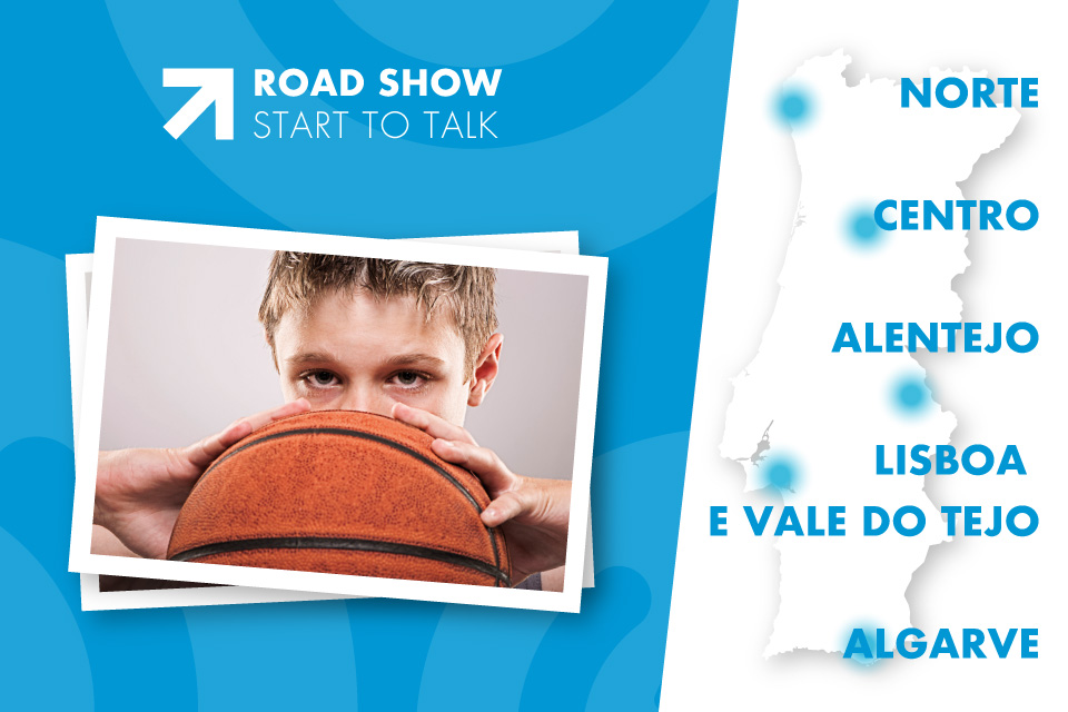 imagem de rosto de criança semi tapada por uma bola desportiva. Ao lado um mapa de portgal com a identificação das cinco regiões