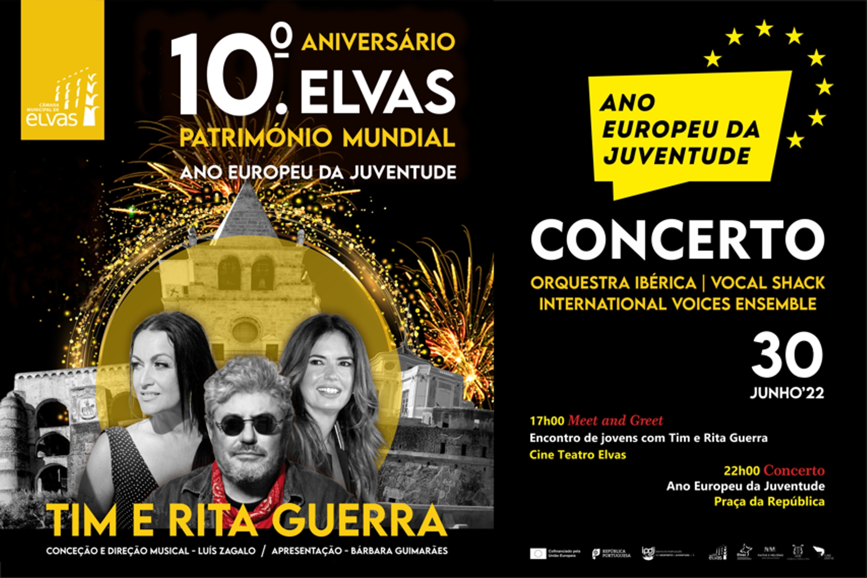 Cartaz com fundo preto e letras amarelas, imagens de monumentos da cidade de Elvas, e fotografias de Rita Guerra, Tim e Bárbara Guimarães.