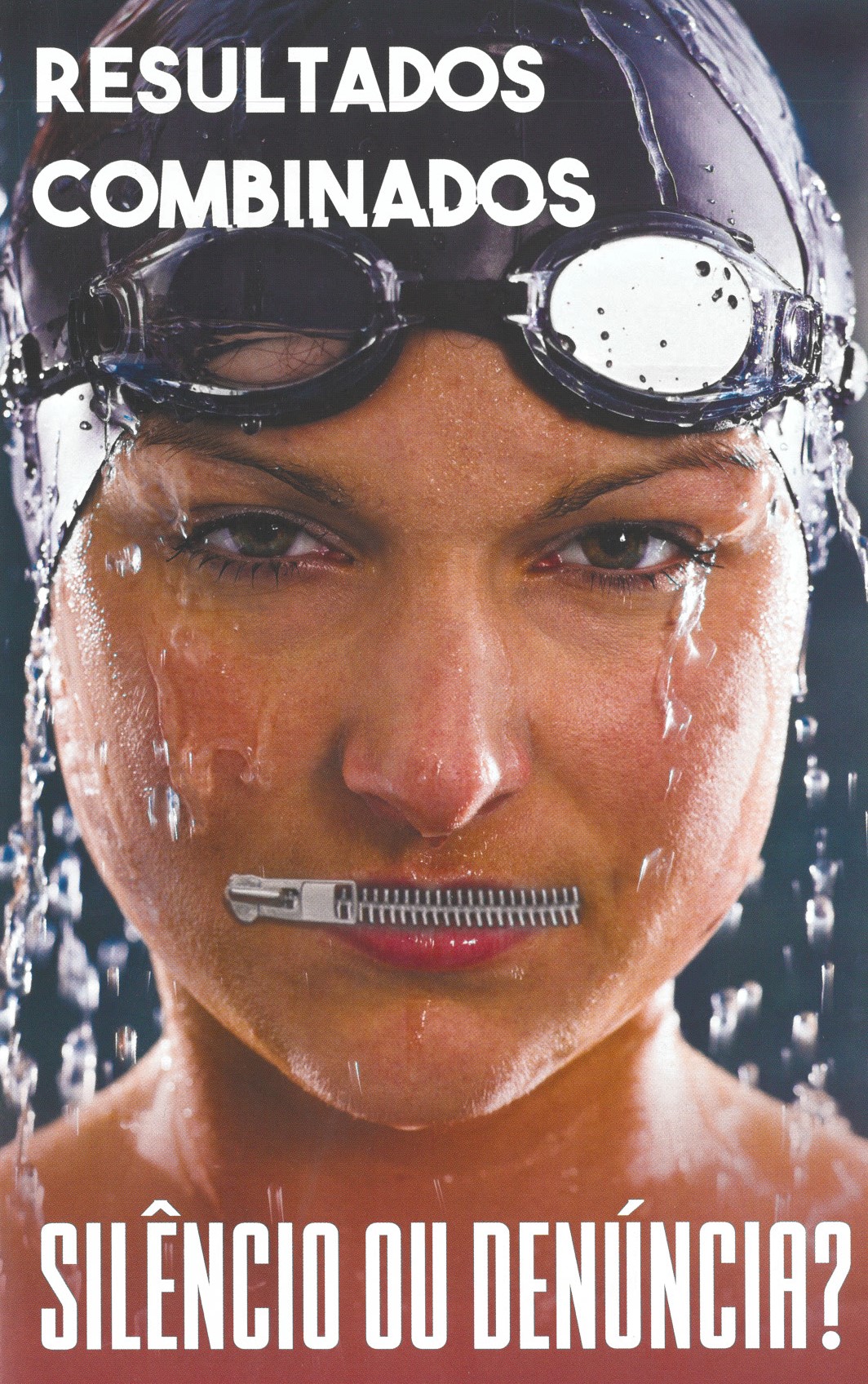 Nadadora com touca e óculos de natação com um fecho zip na boca fechada.