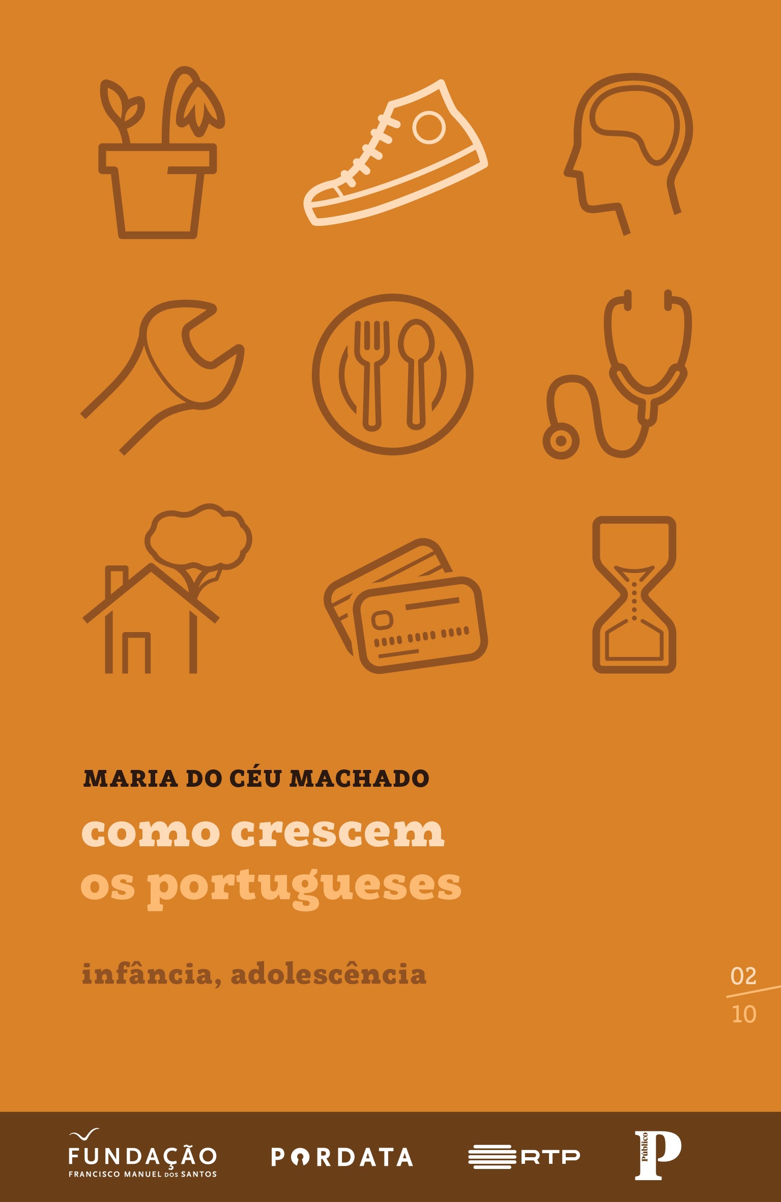 fundo ocre com lettering beje e castanho, apresenta alguns símbolos em pictograma como uma planta, uma sapatilha (esta está em destaque), um cérebro, um cartão de multibanco, um prato com talheres, uma casa, uma ampulheta e uma chave inglesa.