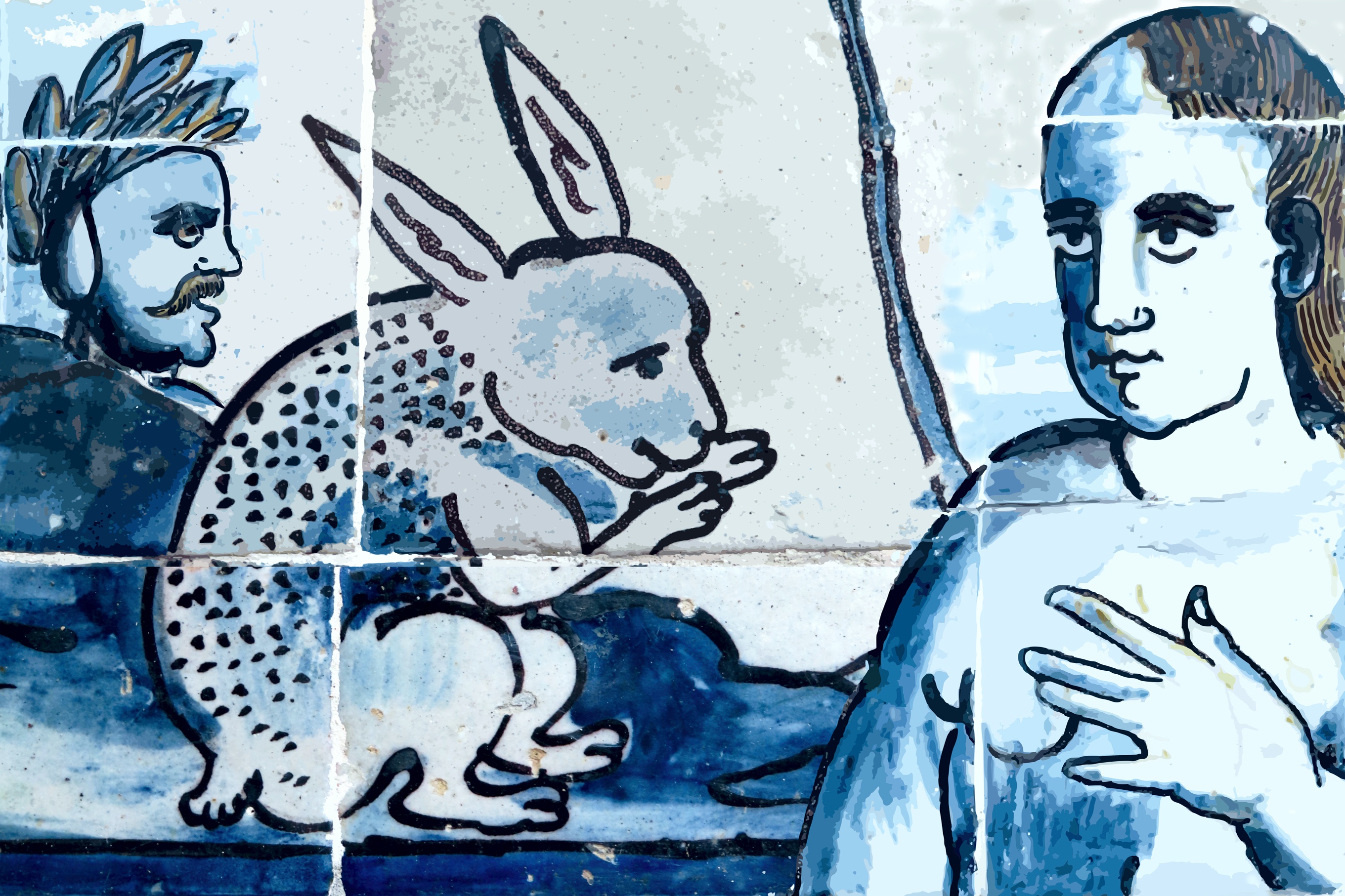 Painel em azul e branco com dois bonecos e um coelho, alusivo à história de «Alice no País das Maravilhas».
