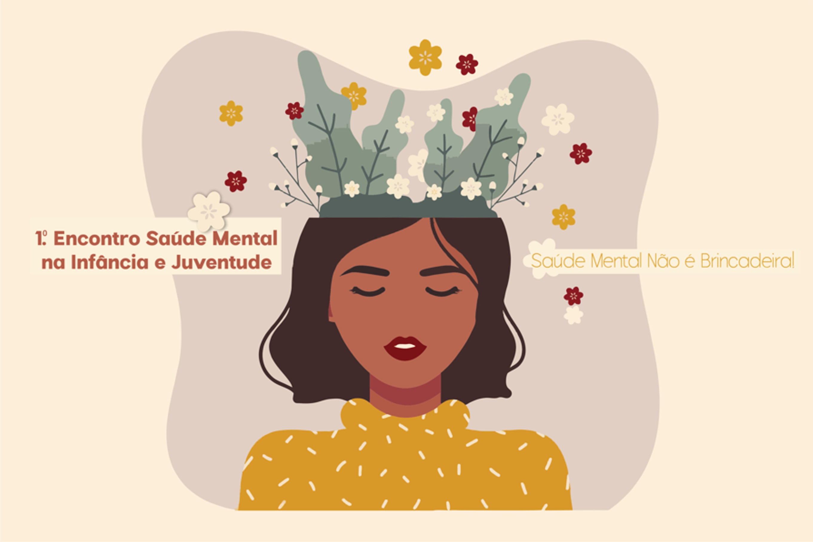 Cartaz com fundo de cor pastel, com algum lettering, e infografia de uma mulher com plantas e flores de várias cores na cabeça.