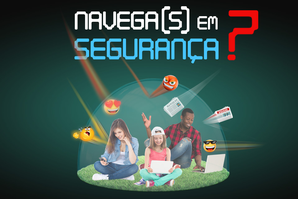 Iglo com uma criaça do sexo feminino com um tablet  e dois jovens, rapaz com computador, e rapariga com telemóvel. Parte superior com lettering «Navegas em Segurança?» - Voluntariado Jovem