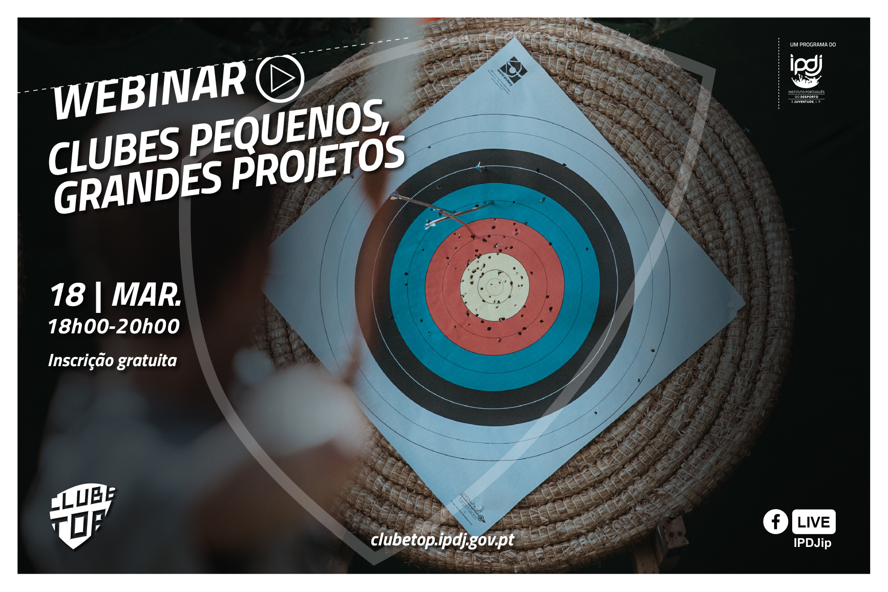 Seta espetada em centro de diversos círculos coloridos com o lettering «Webinar Clubes pequenos, grandes projetos»