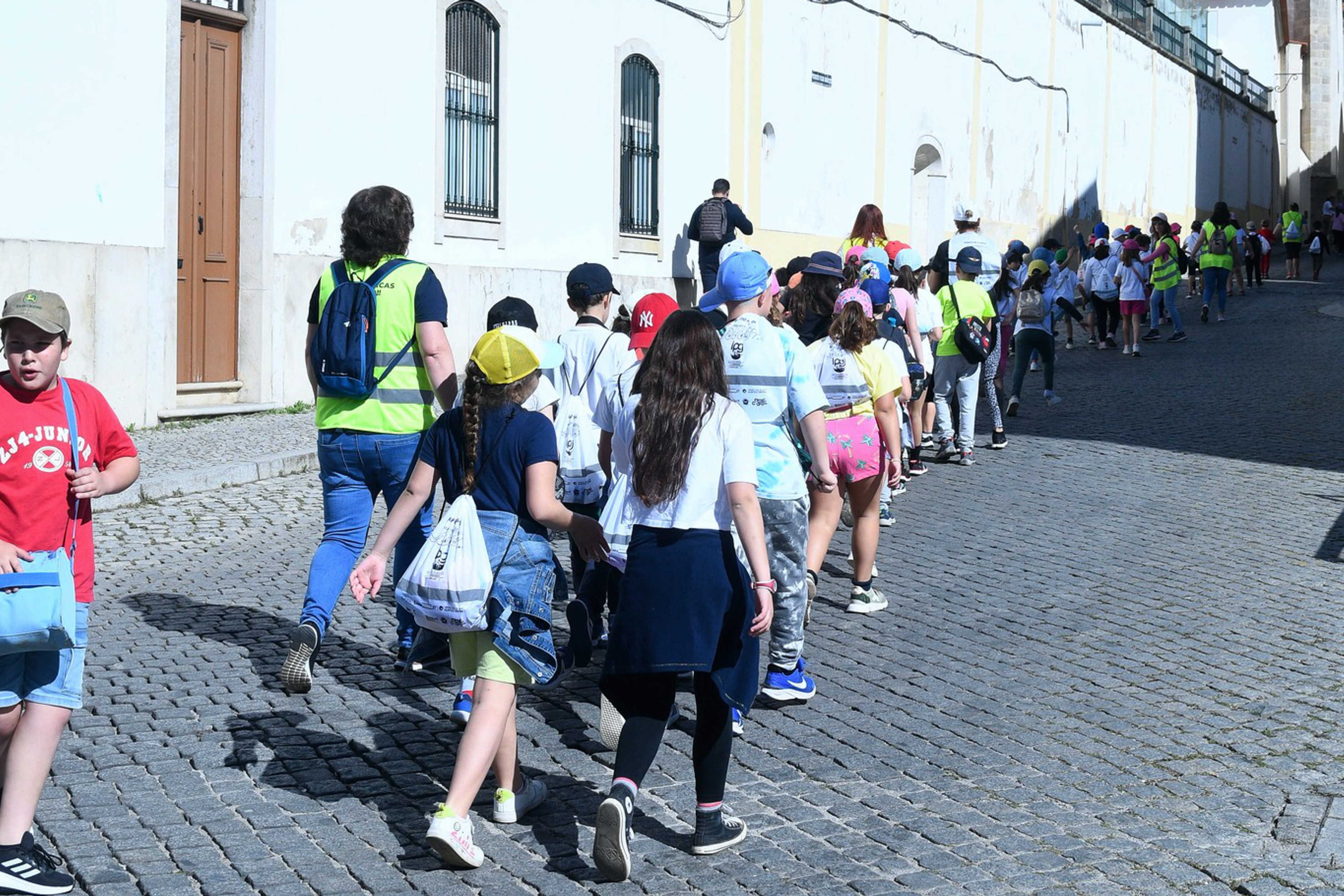 Grupo de alunos/as e professores/as no início da caminhada das escolas, a subirem a Rua da República.