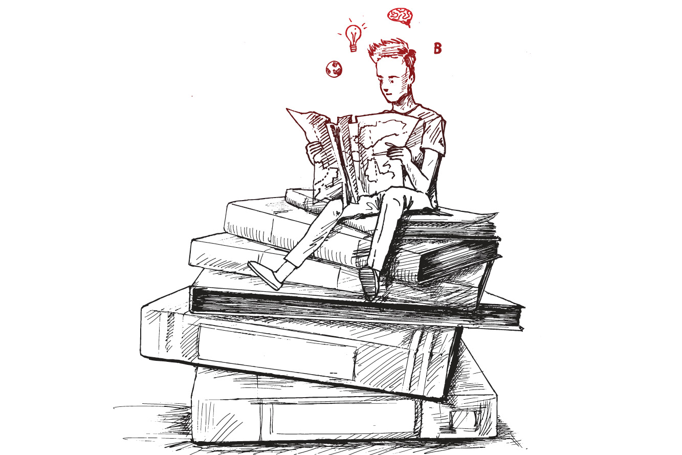 ilustração monte de livros e um jovem sentado em cima