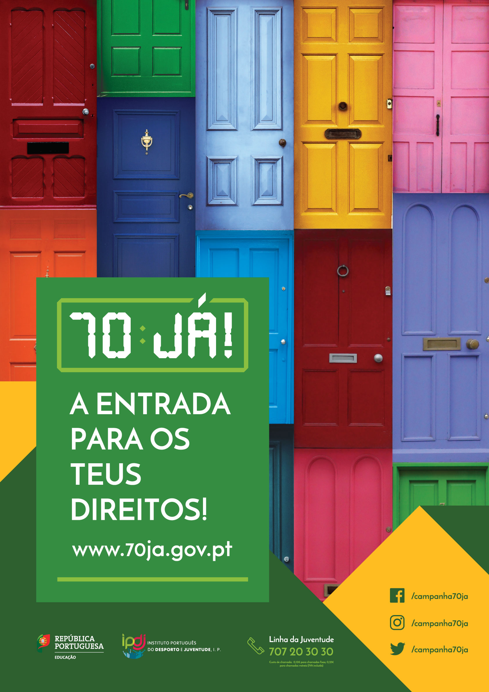 imagem da campanha mostrando poratas de várias cores e o slogan «70JÁ! A entrada para os teus direitos»! 
