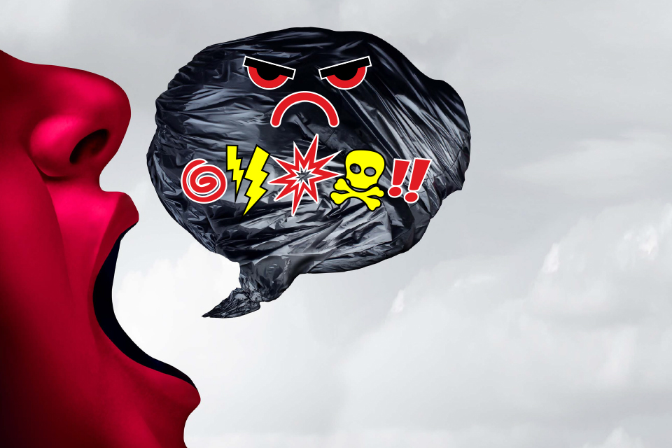 Logotipo da iniciativa: perfil vermelho de rosto com boca aberta com uma boullet preta com símbolos de ira/raiva