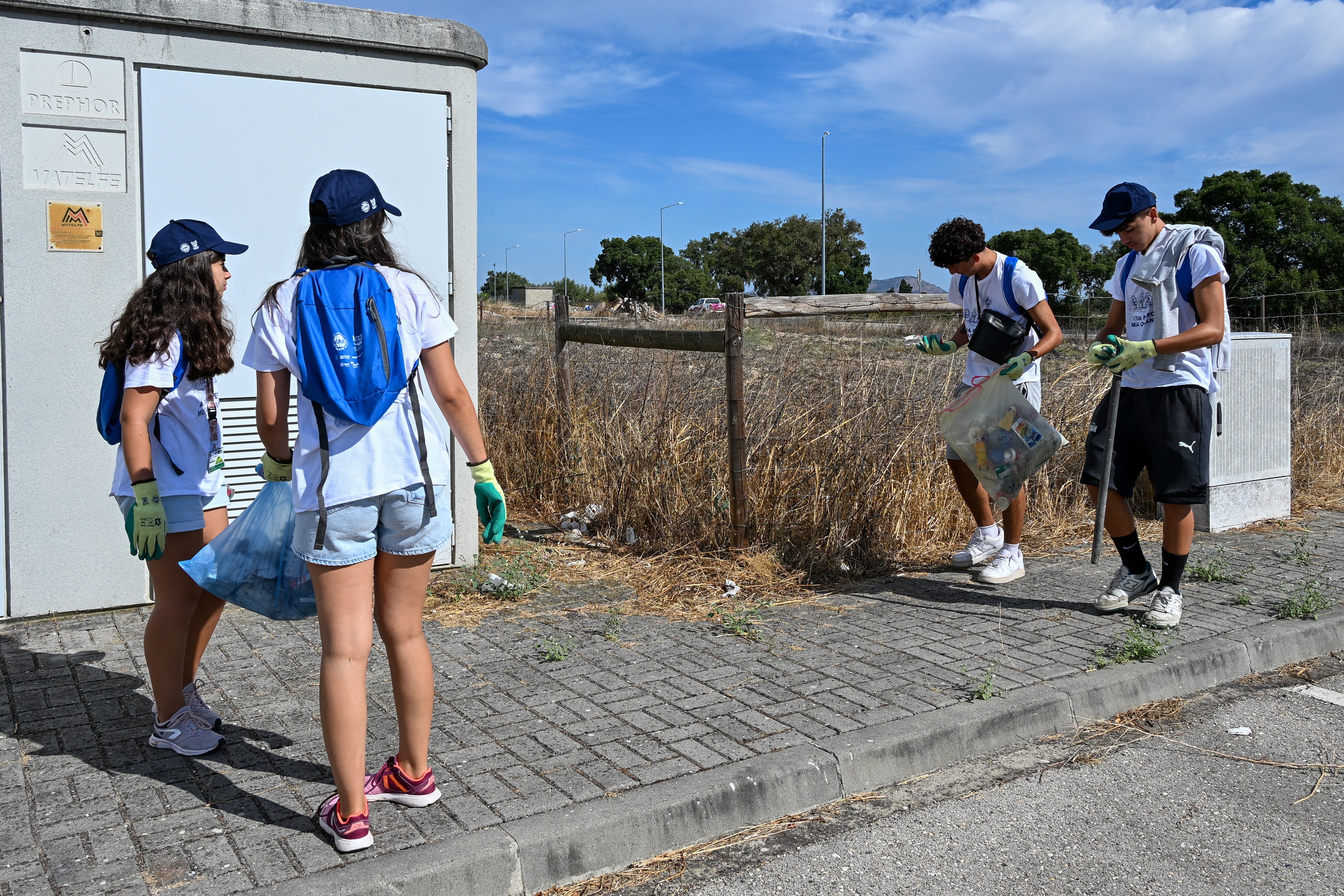 Quatro jovens voluntários a recolherem o lixo espalhado junto a uma vedação de terreno e perto da estrada. .