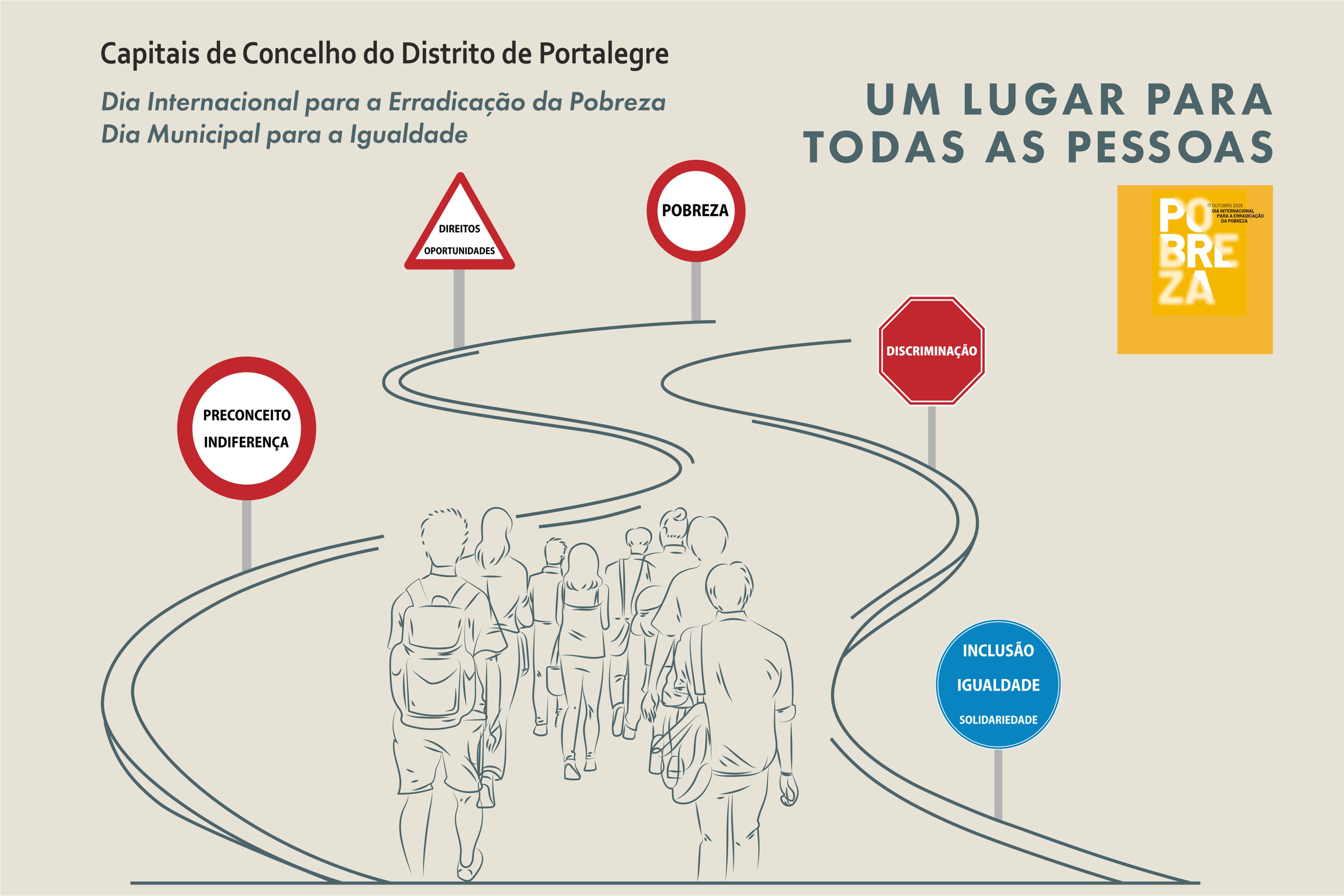 Cartaz com fundo creme, com vários infogramas, entre os quais sinais de trânsito com palavras escritas respeitantes à temática. Tem também algum lettering.