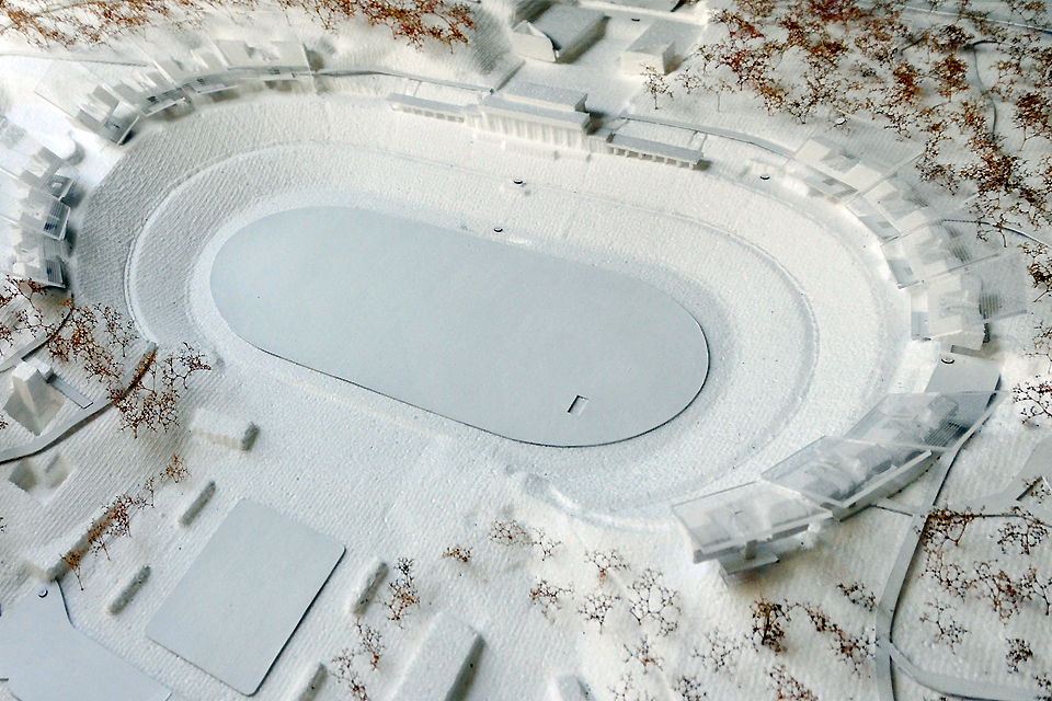 Imagem de um dos trabalhos em que se visualiza o Estádio Nacional